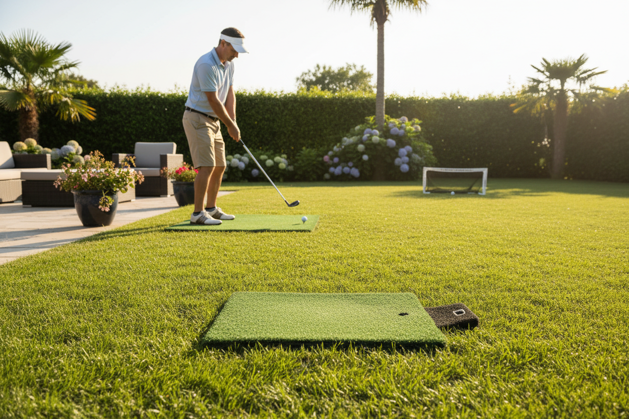 Golf hitting mat in use outdoors — backyard patio chip shot practice
