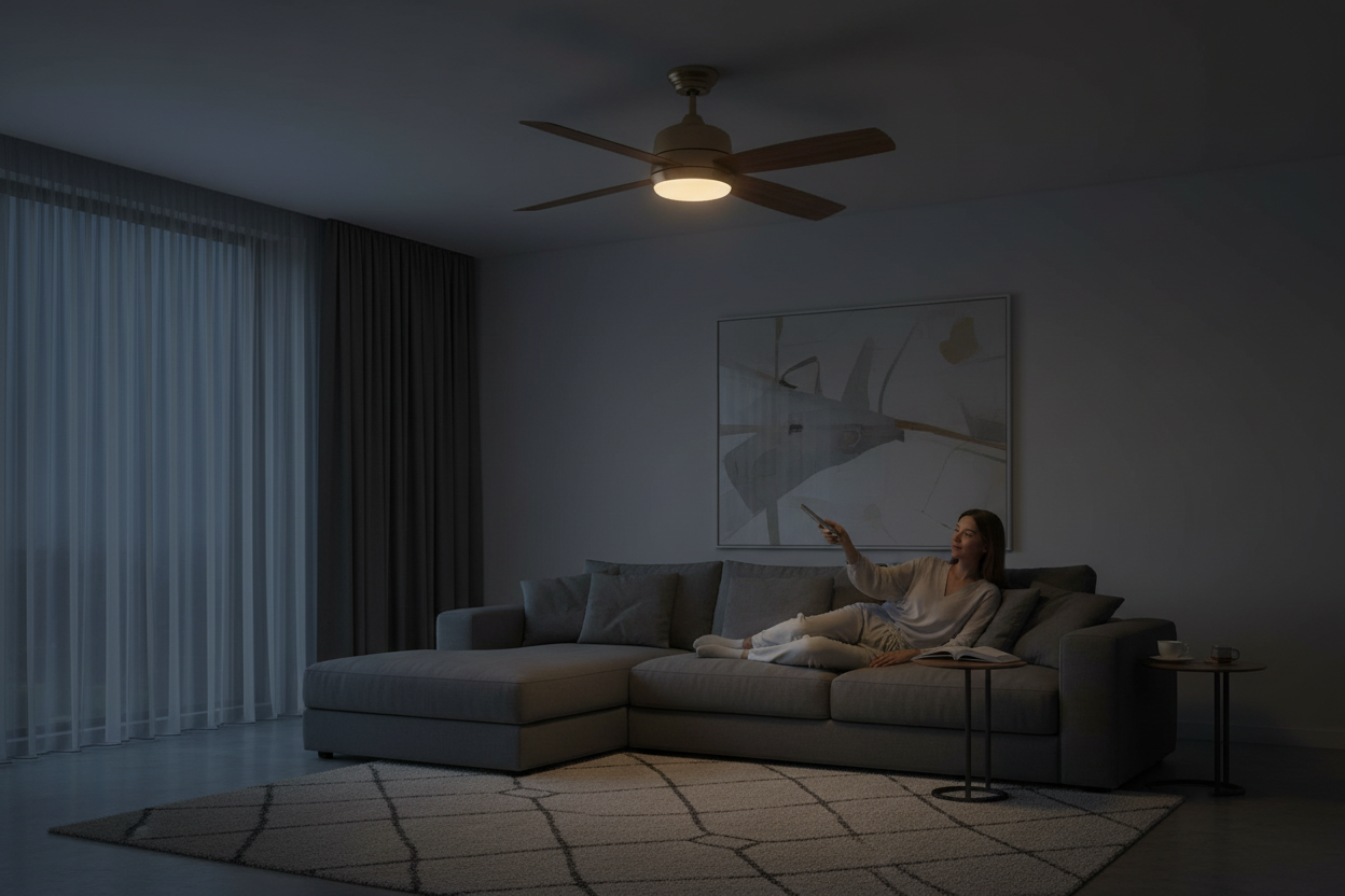 SKORFORM ceiling fan with light in living room — soft warm ambiance