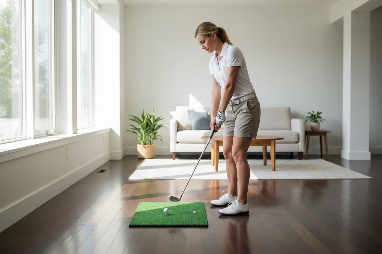 Golf hitting mat in use indoors — living room practice swing