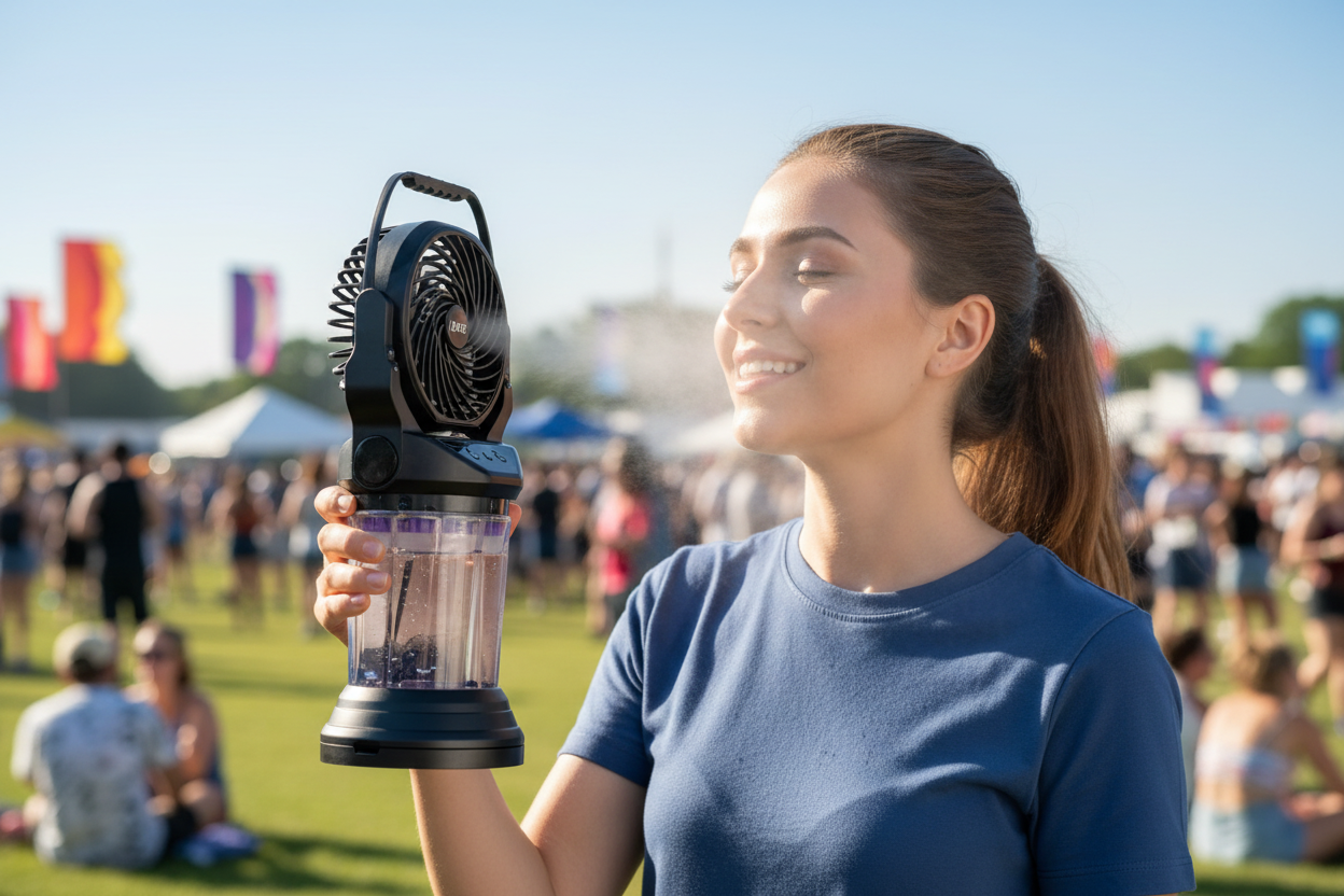 Portable misting fan in use at outdoor summer festival