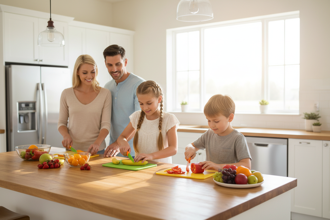 Kids using colorful knife set in kitchen
