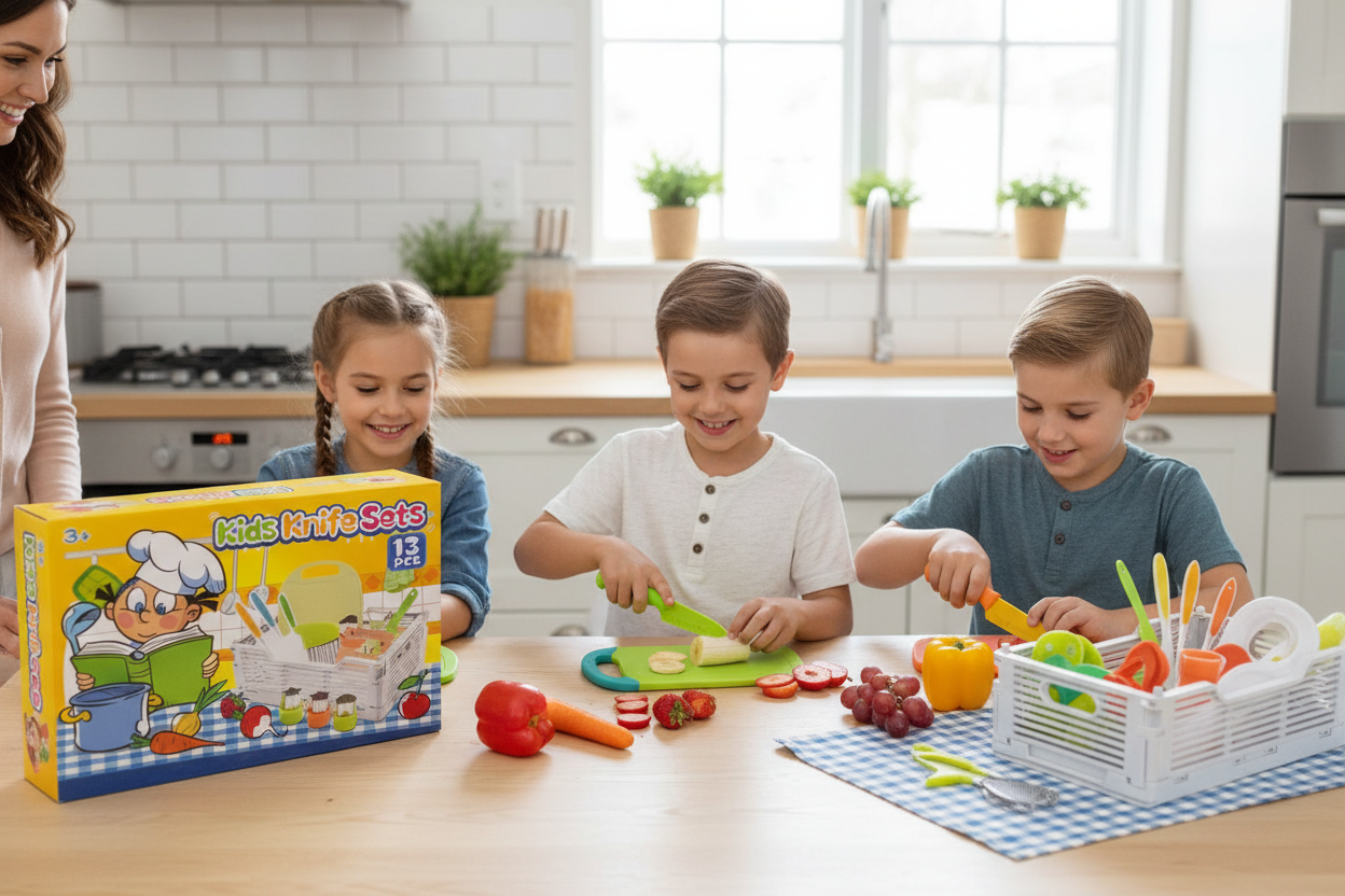 Kids using knife set with product box on table