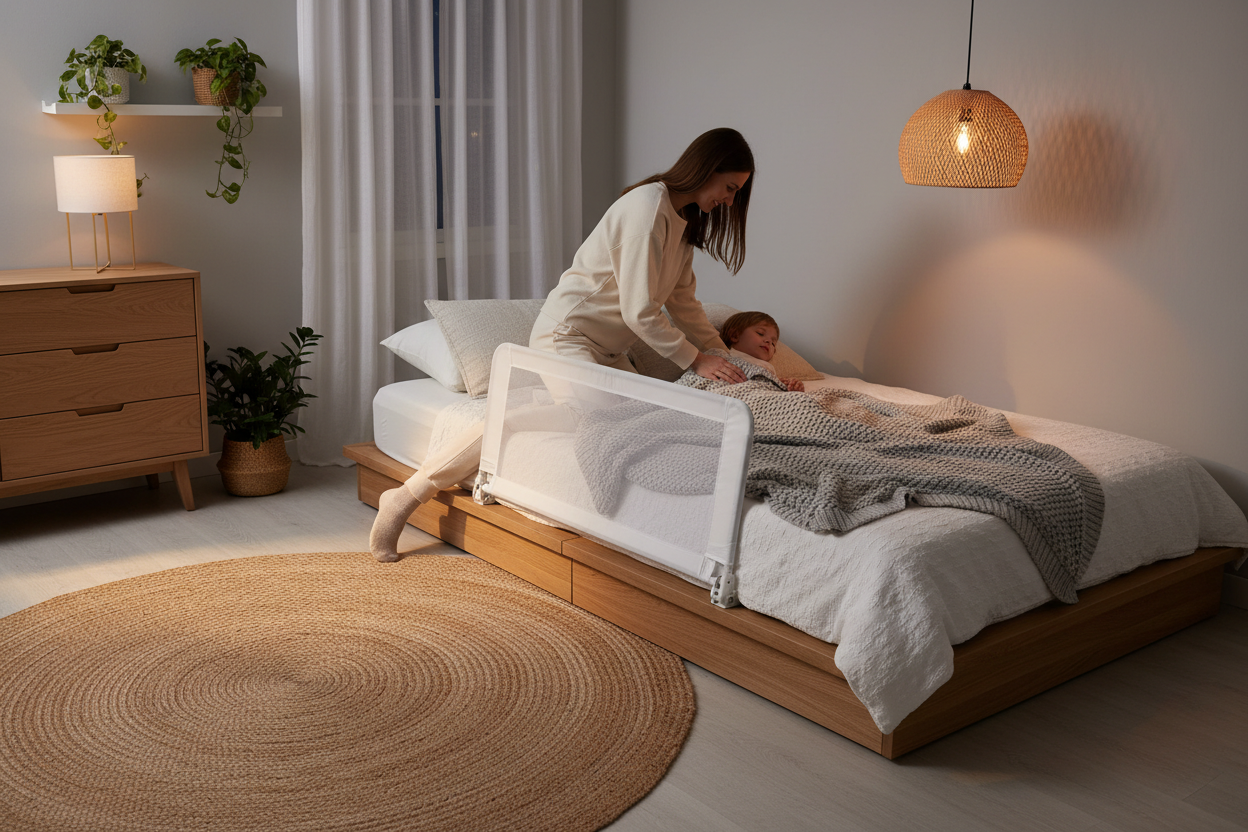 Parent tucking in toddler with bed rail