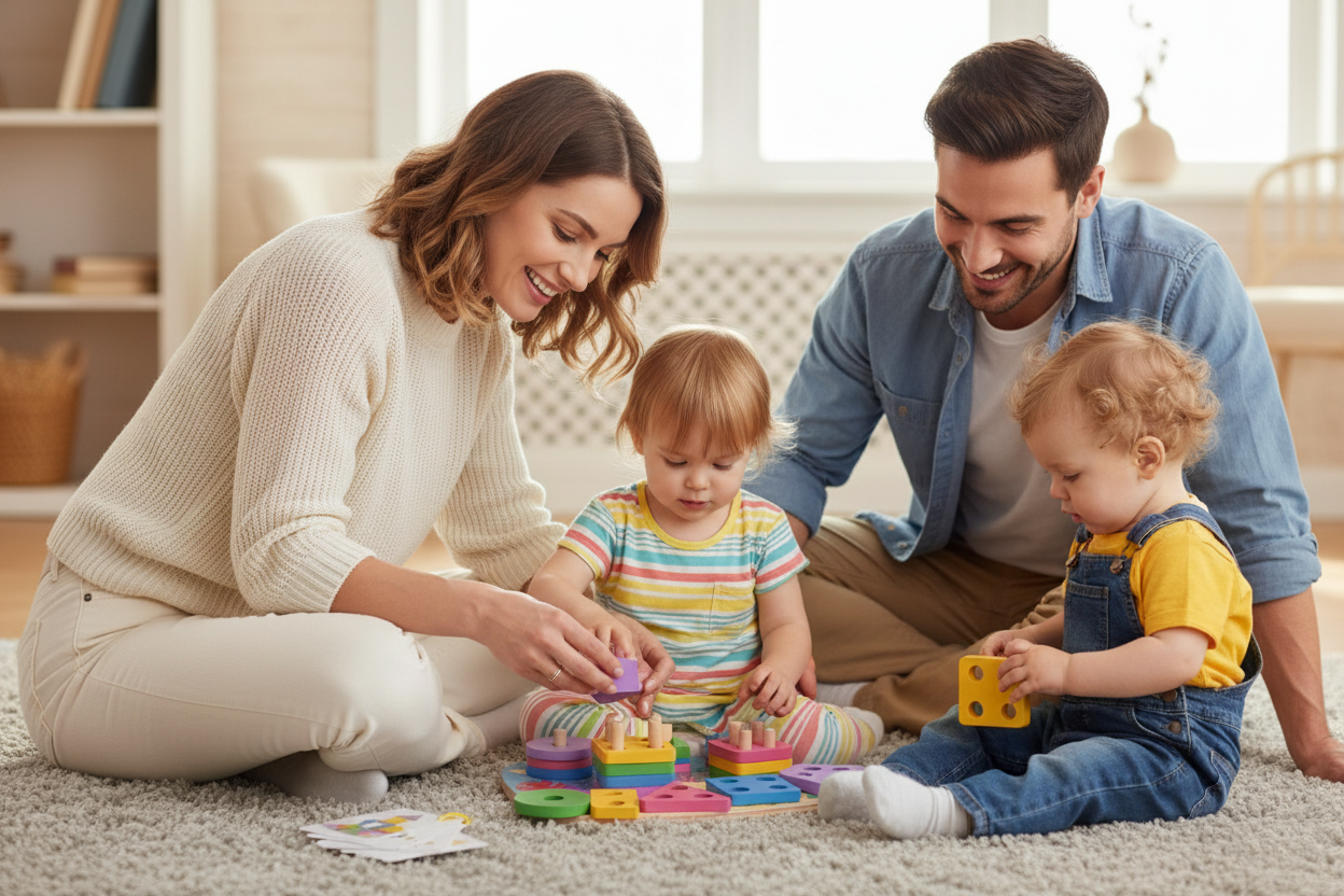 Parents and toddlers playing together with Geometric Stacker toy