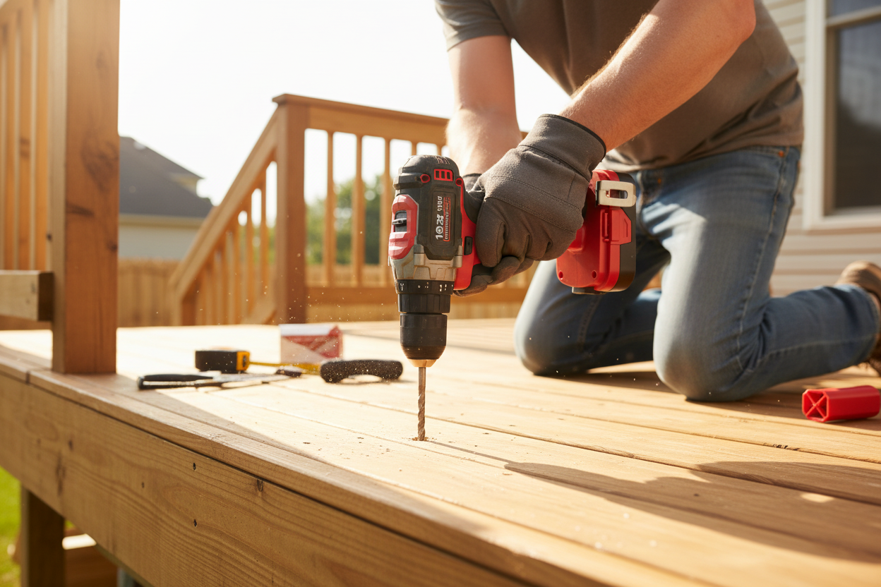 Person using cordless drill on outdoor deck