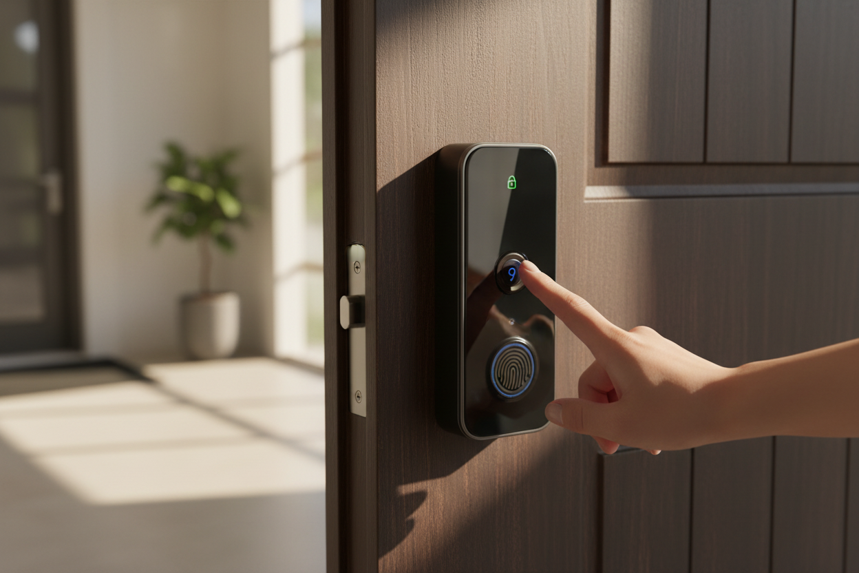 Person using smart deadbolt lock without door knob