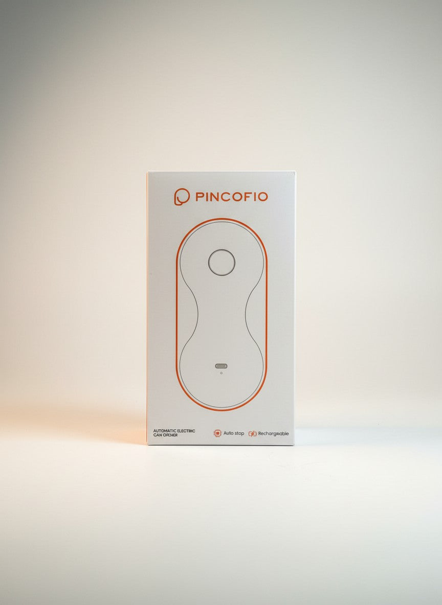 PINCOFIO automatic electric can opener with one-touch operation and rechargeable battery. Side-cut blade for smooth edges.
