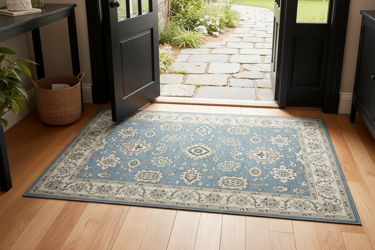 Powder blue rug in entryway