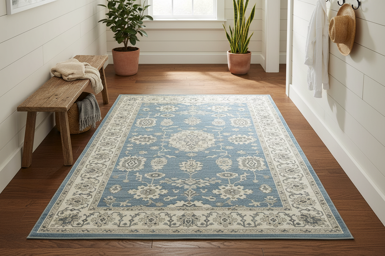 Powder blue rug in hallway