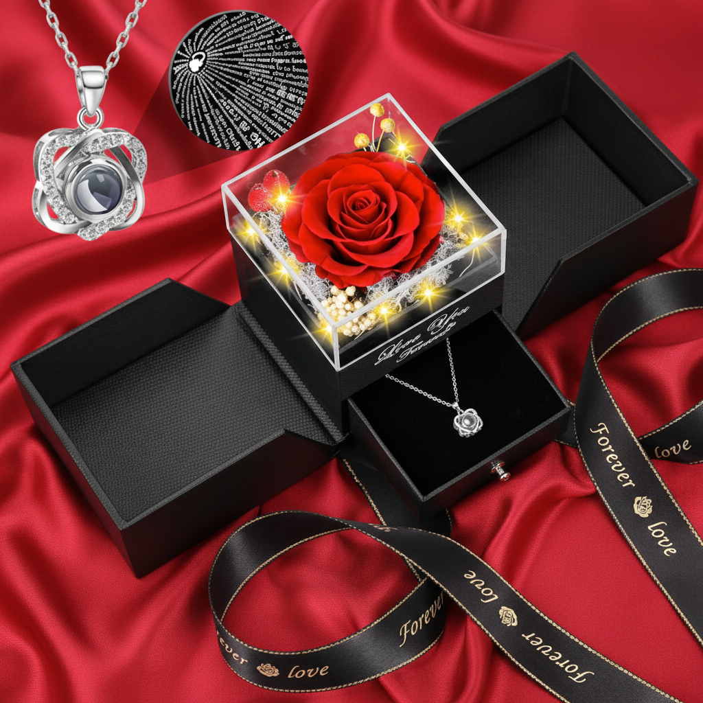 Preserved Red Rose with Necklace on Red Display Cloth