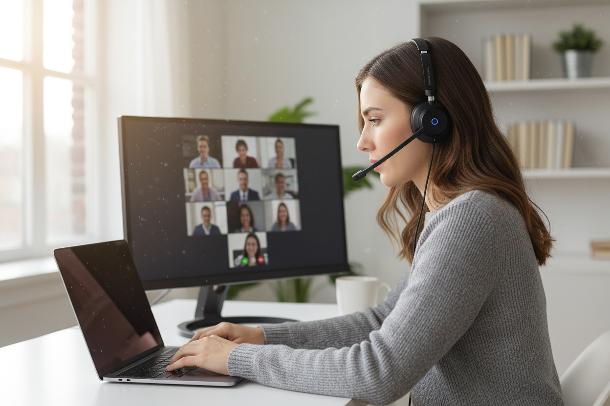 Professional using RownFusny computer headset in home office