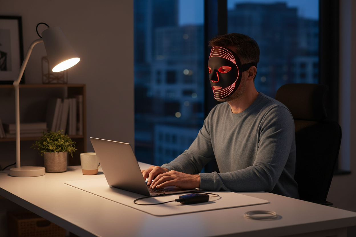 Red Light Therapy Mask - Man at Office