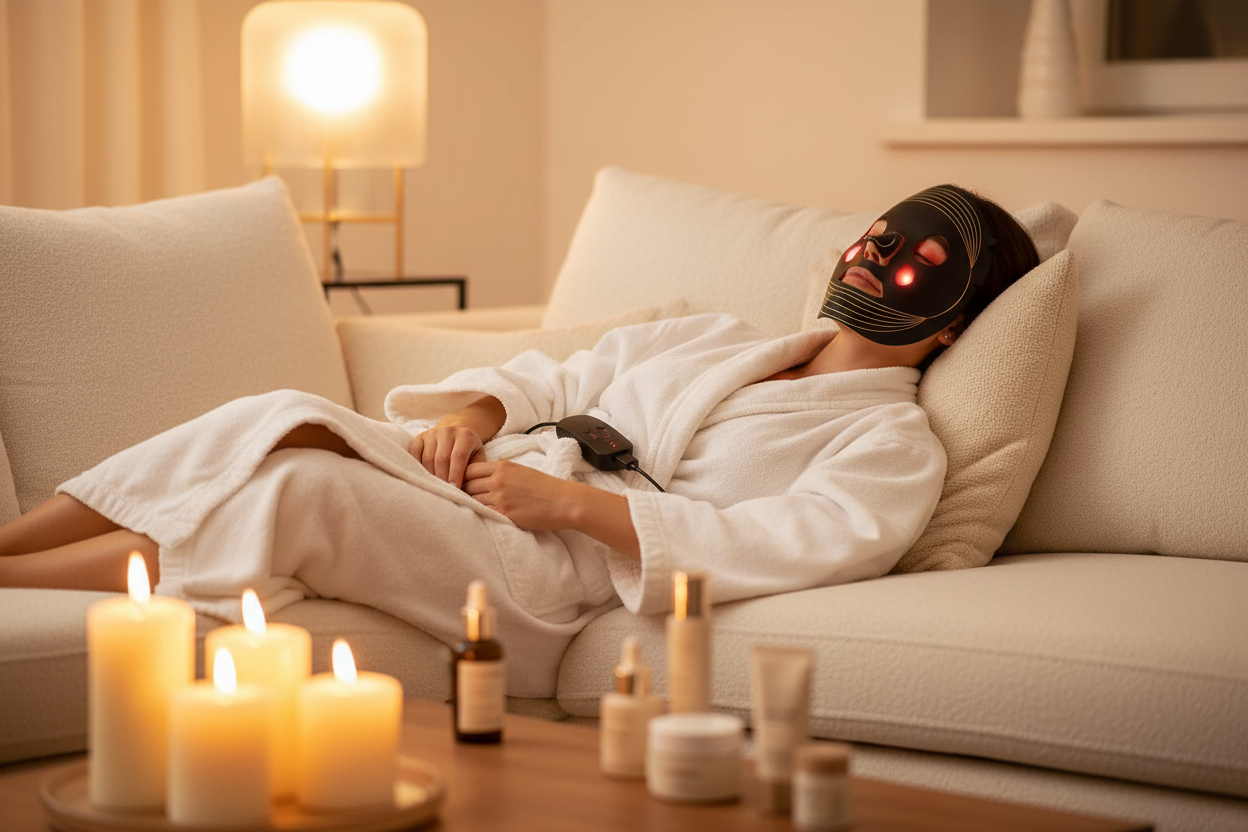 Red Light Therapy Mask - Woman at Home