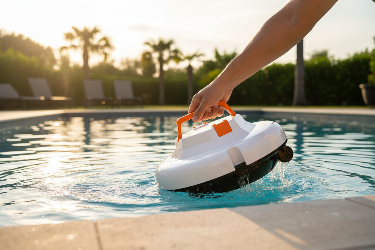 Robotic Pool Cleaner Being Lowered In