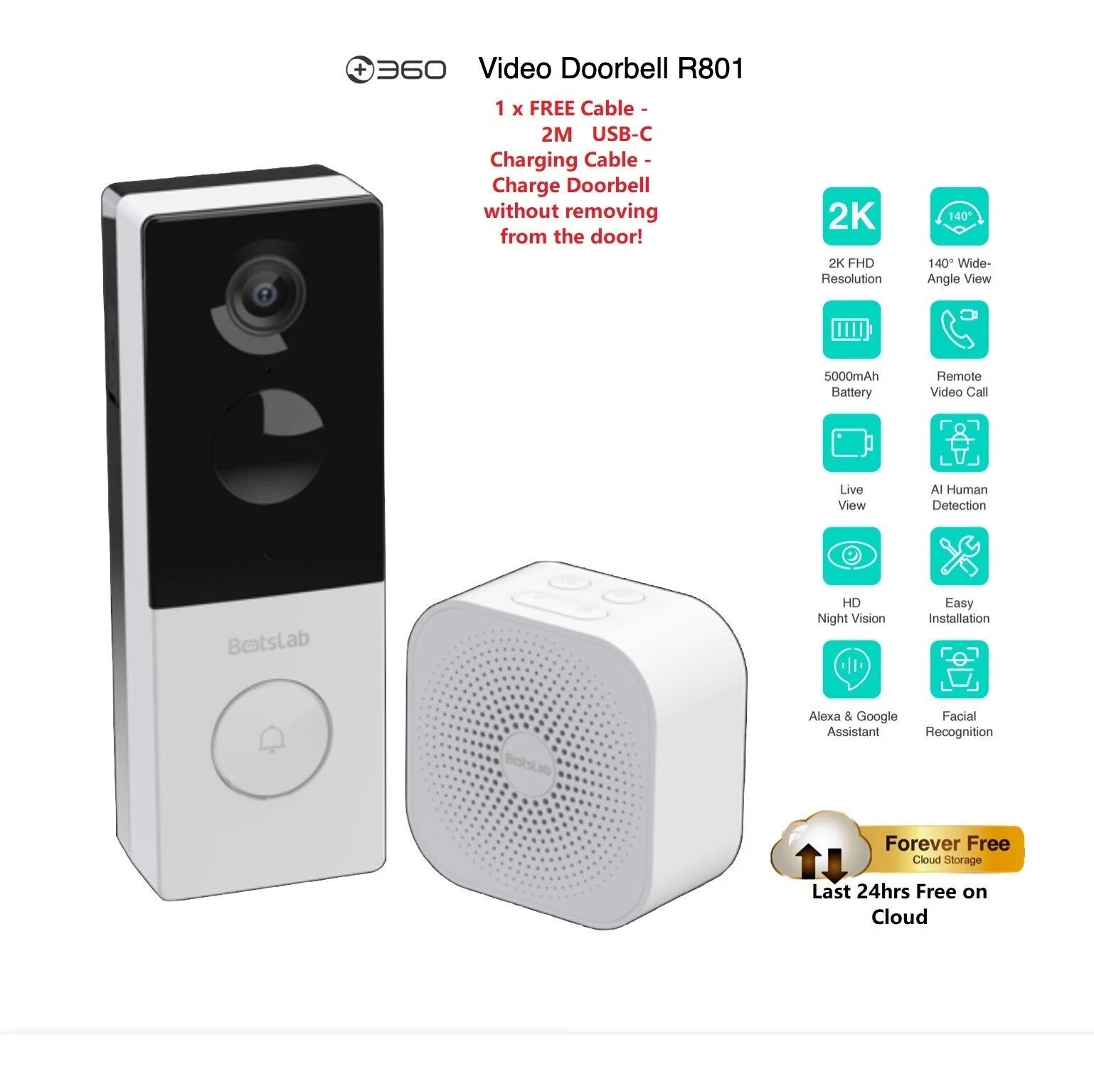 360 Botslab Video Doorbell R801 offers advanced security with sharp 3MP resolution and HD night vision