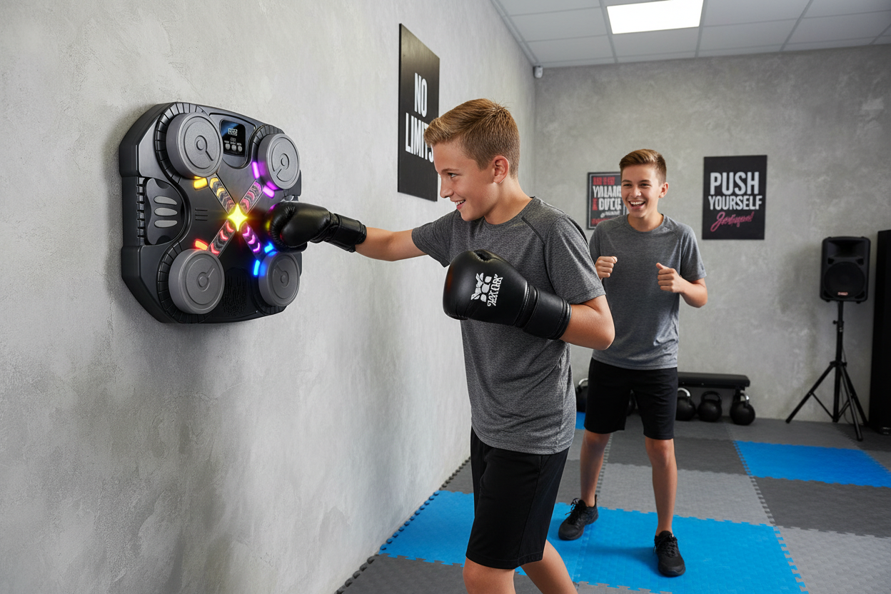 Teens using original boxing machine in gym