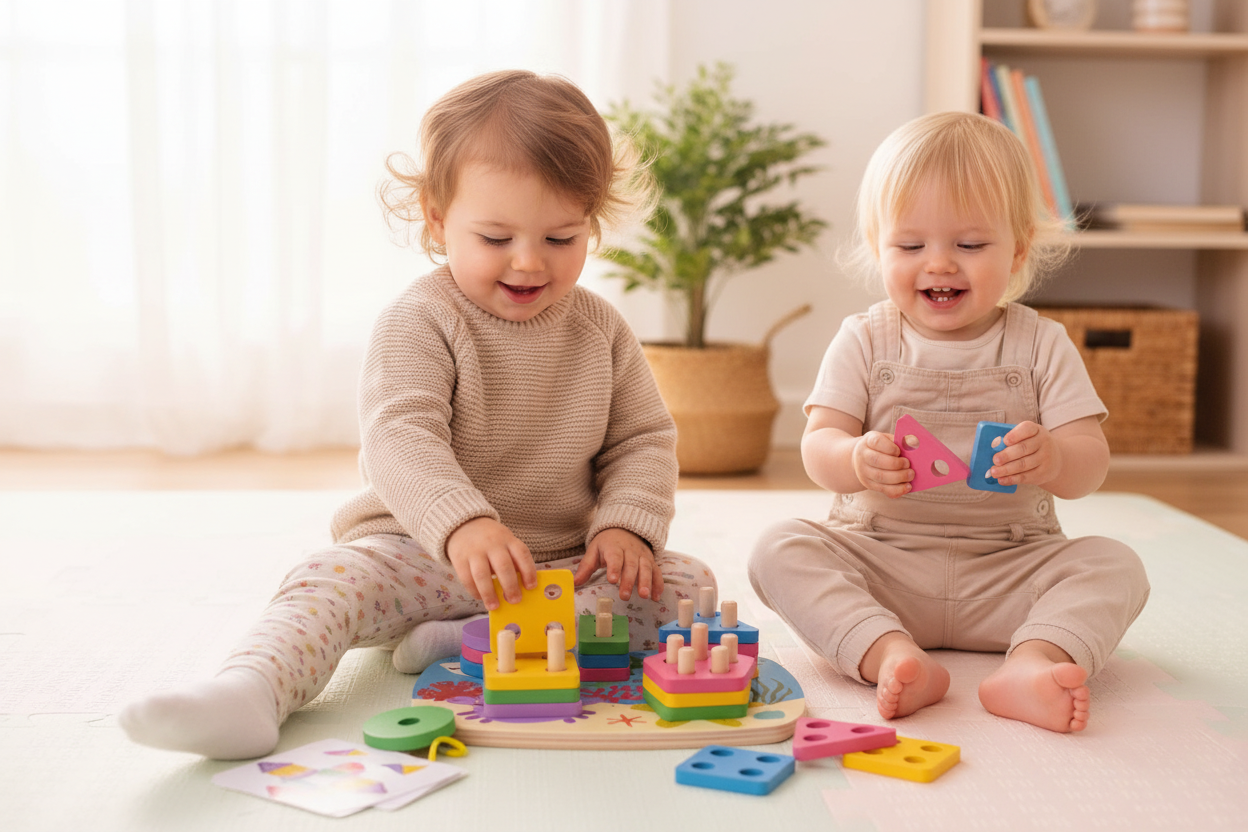 Toddlers playing with Geometric Stacker toy