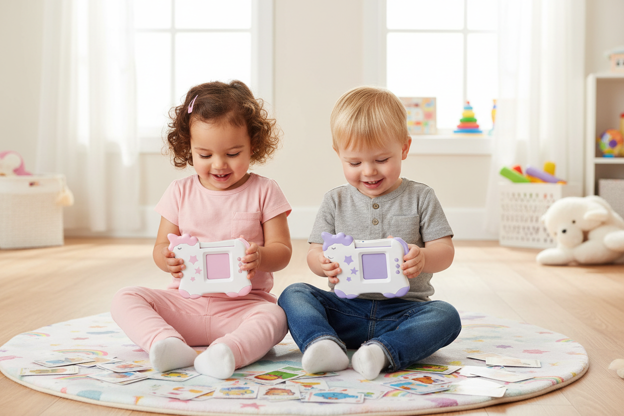 Two toddlers sitting and playing with unicorn talking flash cards