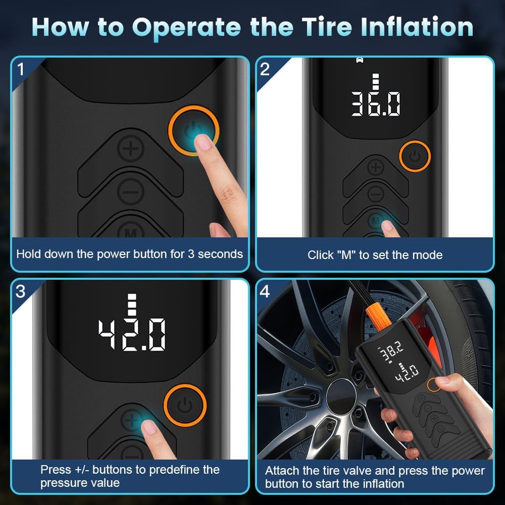 Tire Inflator Portable Air Compressor, Portable Tire Inflator for Car, with LED Light, 15000 mAh Air Compressor for Trucks, SUVs, Motorcycle & Bike, Basketball, Football