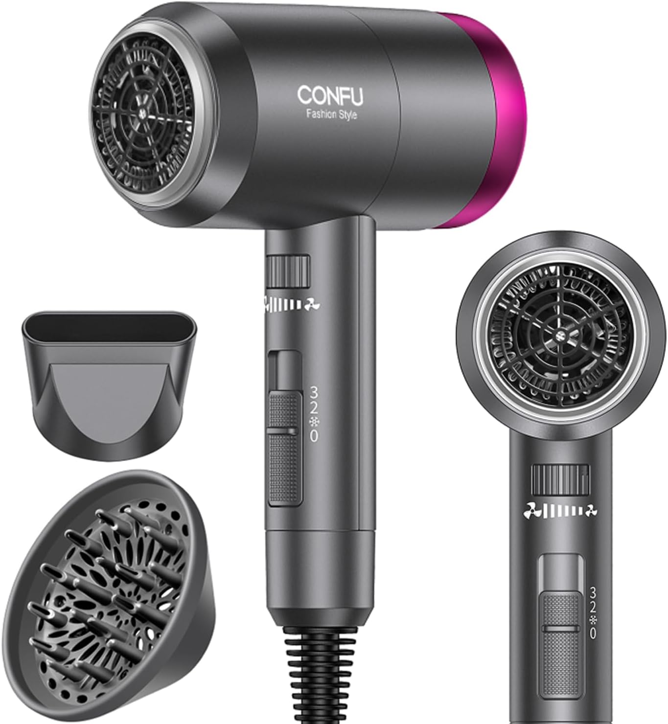 CONFU Ionic Blow Dryer 1600W, Portable Lightweight Fast Drying Negative Ion Hairdryer Blowdryer, 3 Heat Settings & Infinity Speed, with Diffuser