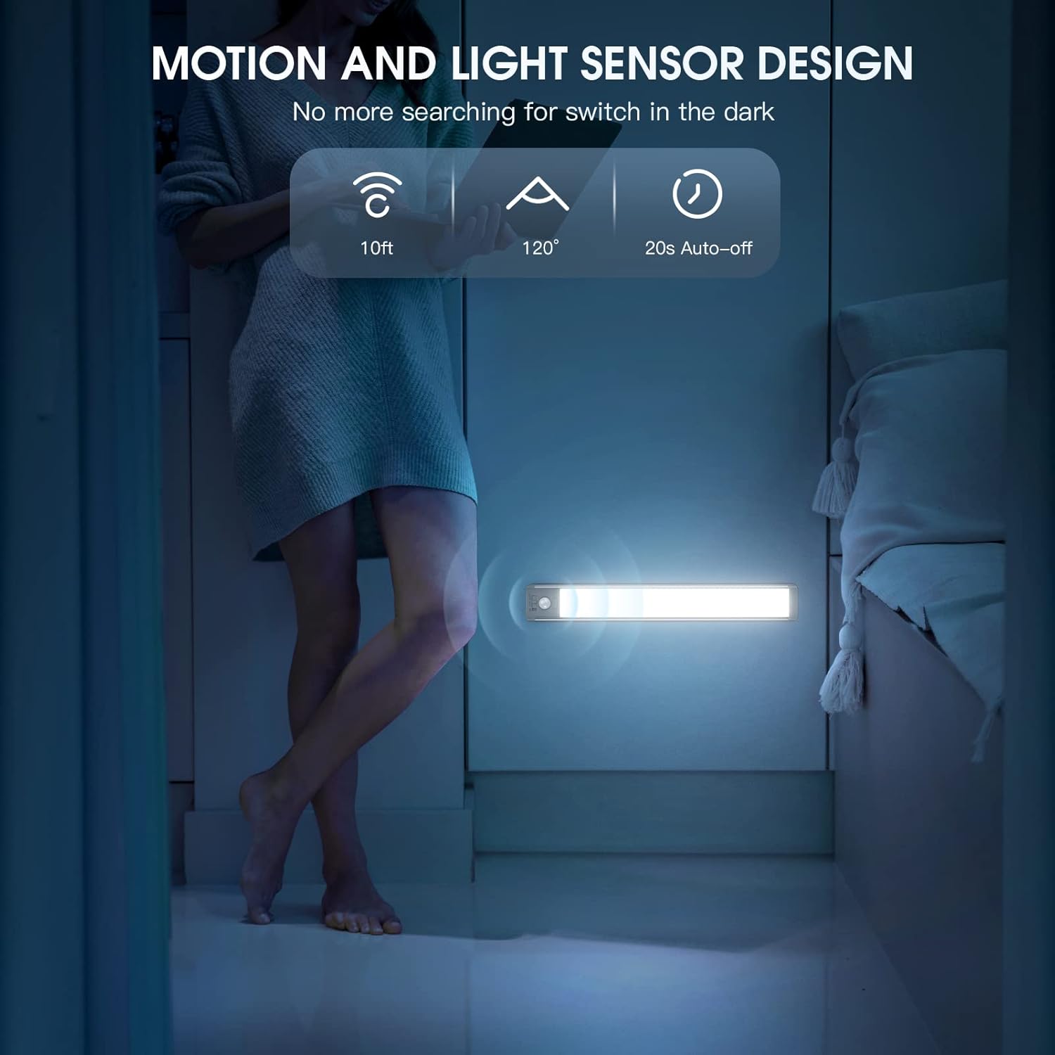 2-pack of 10-inch rechargeable under cabinet lights featuring advanced motion sensors.