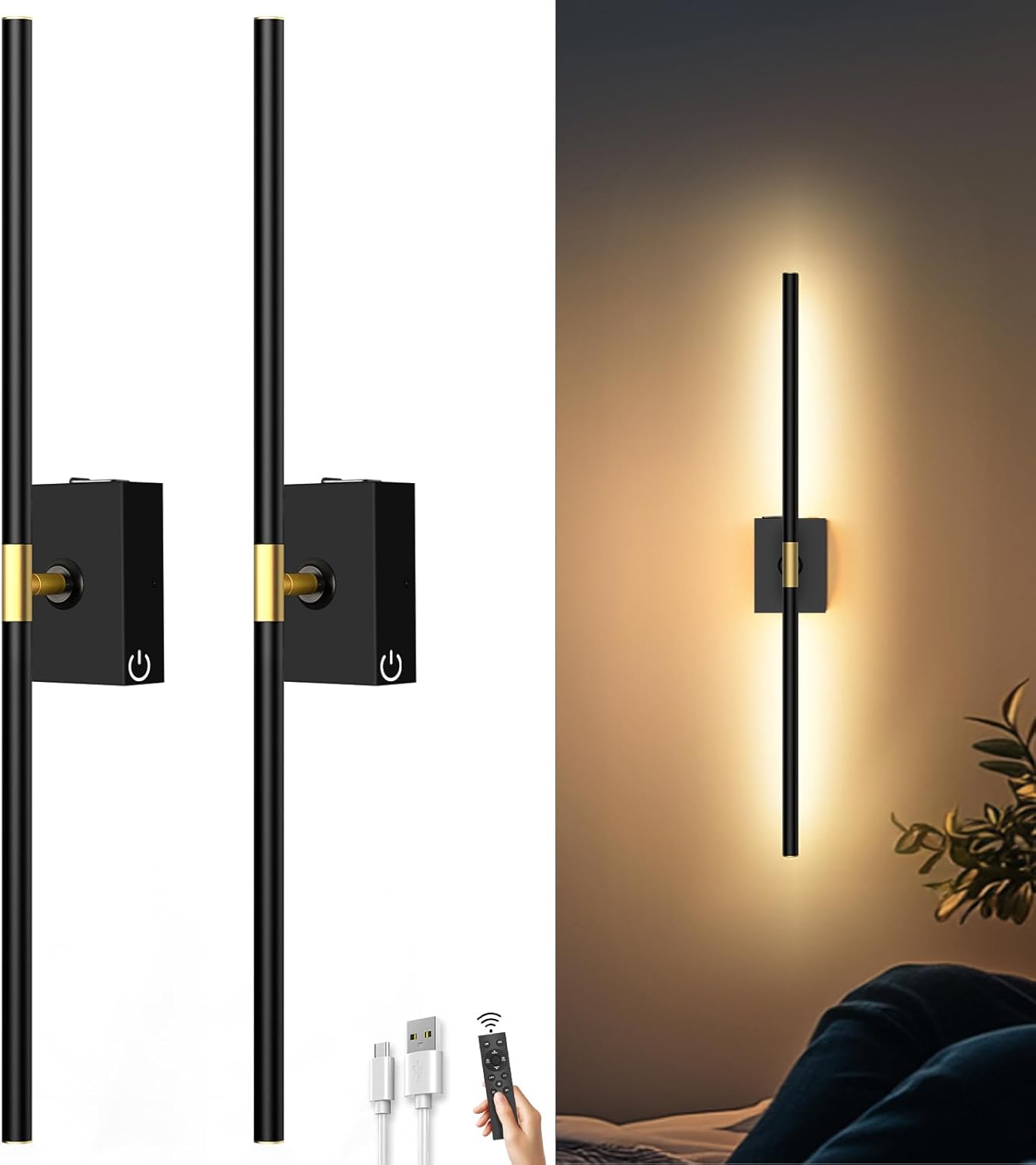 The iThird Battery Operated Wall Sconces set includes two 31.5-inch black wall lights