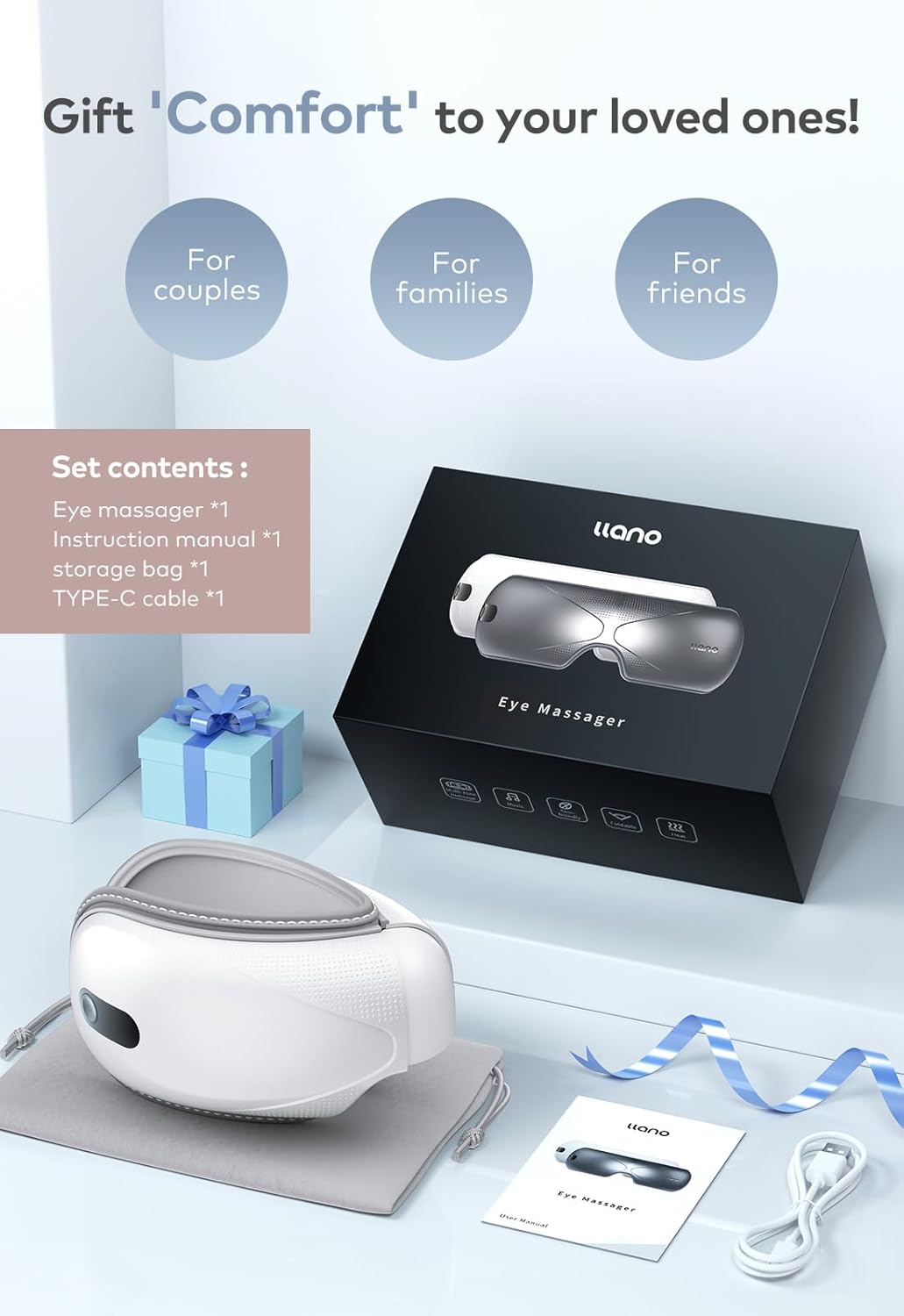 Llano Eye Massager with Heat, Portable Eye Massage with Bluetooth Music, Smart Eye Mask Massager Sleep Mask