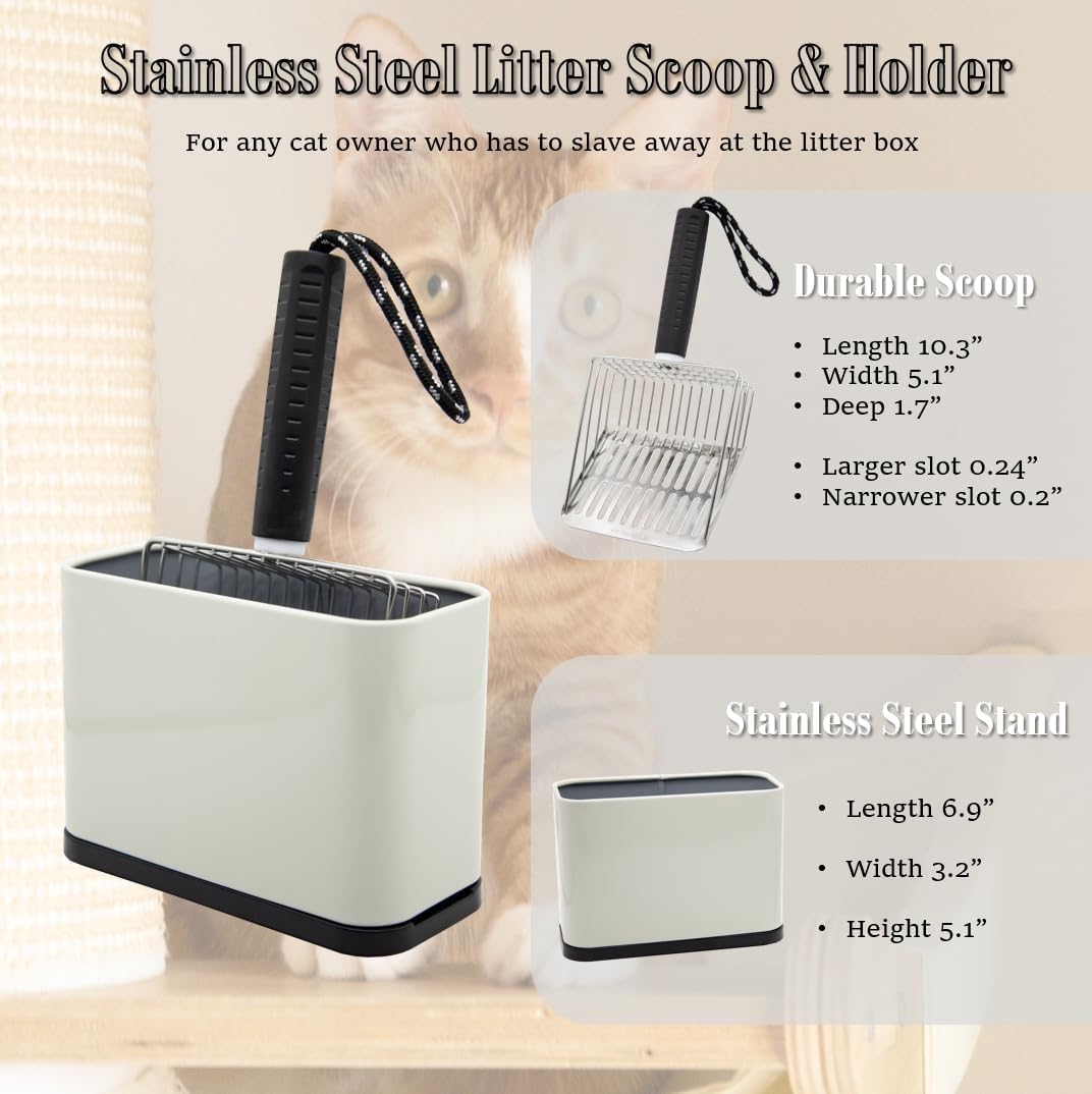 Epargnaro Stainless Steel Cat Litter Scoop with Holder - Heavy Duty Metal Scooper & Trash Container