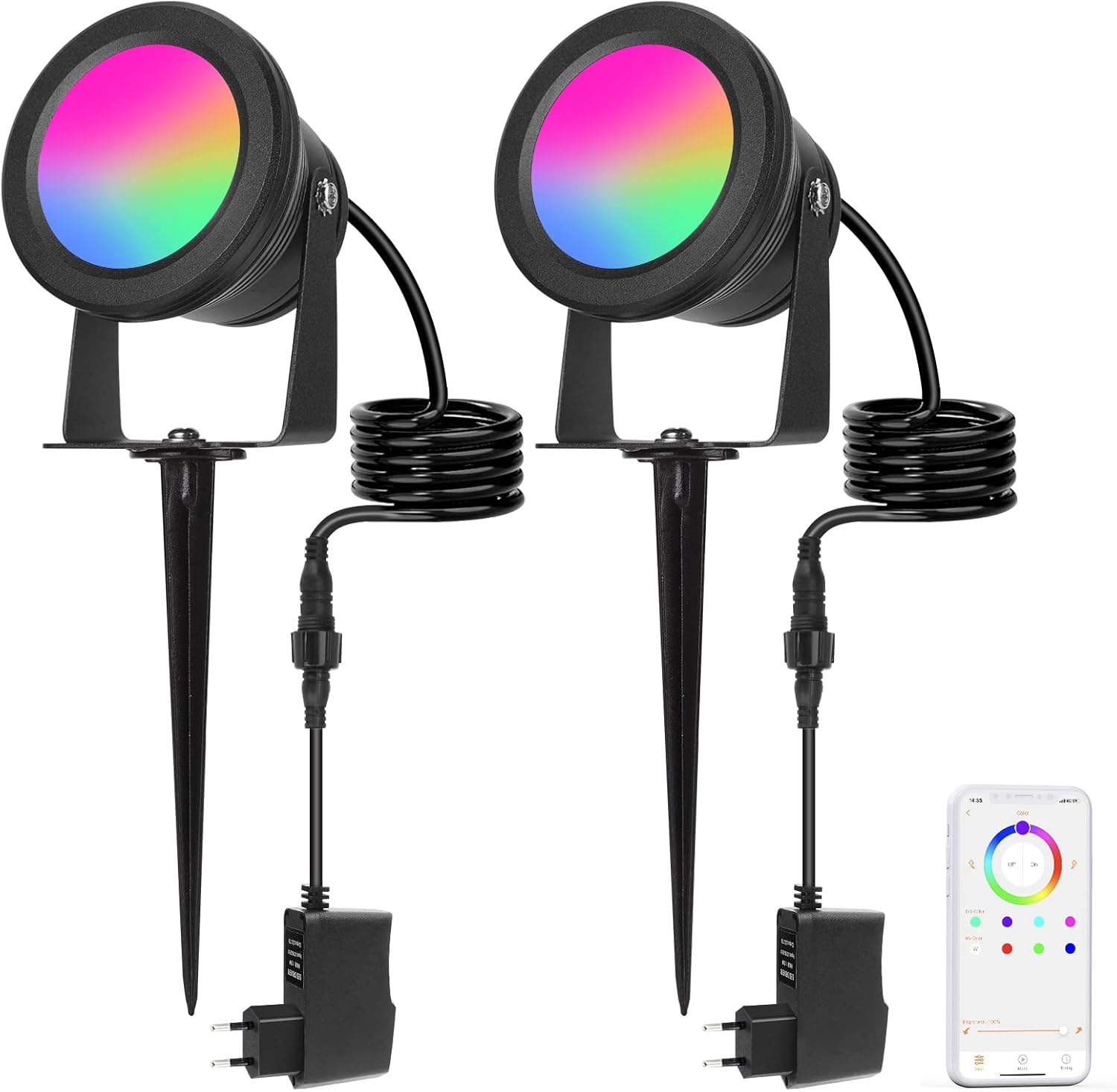 Richsing Outdoor LED Spotlight set includes two powerful 15W RGB spotlights