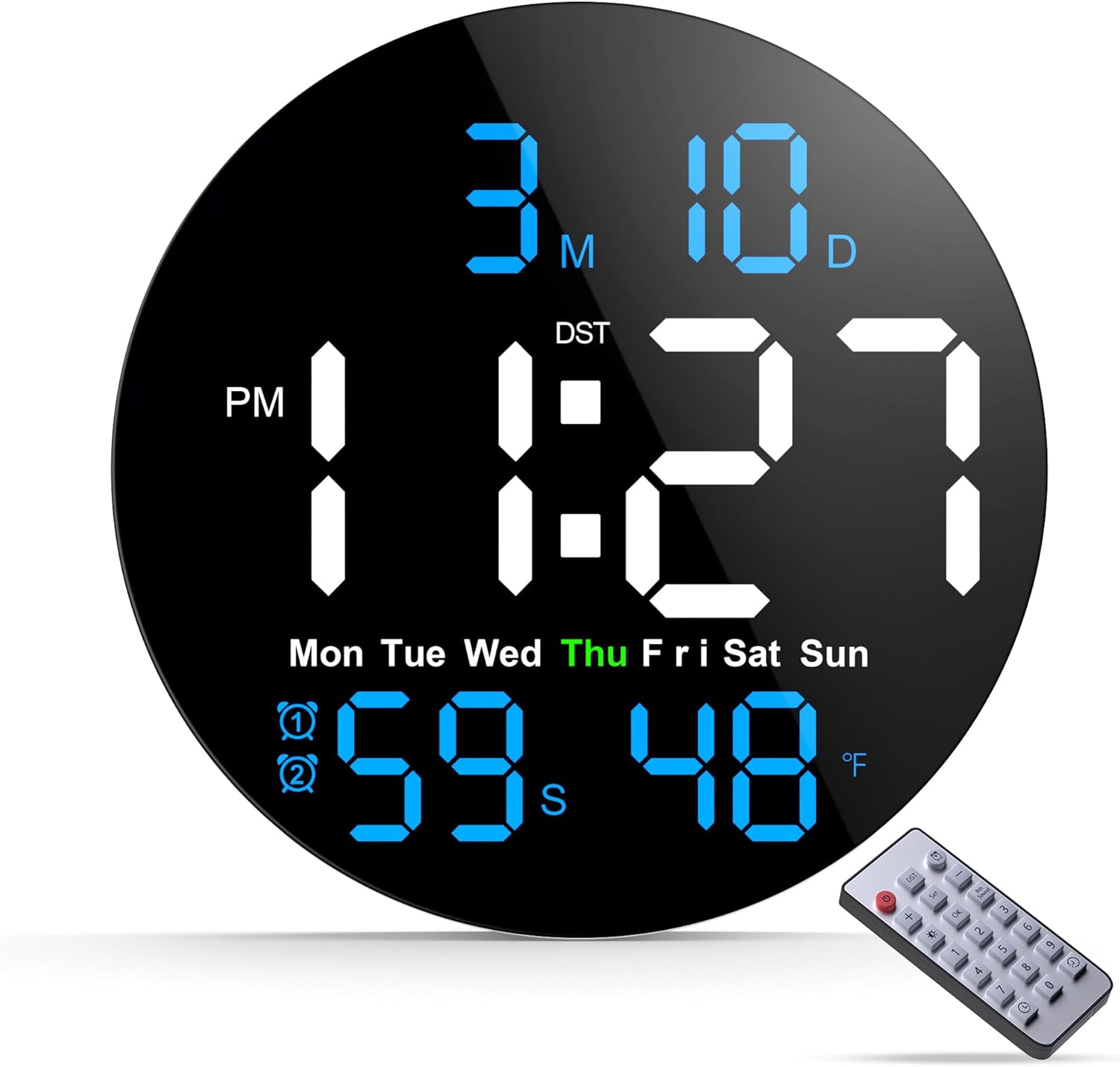Advanced digital wall clock features a 10-inch LED display with Remote