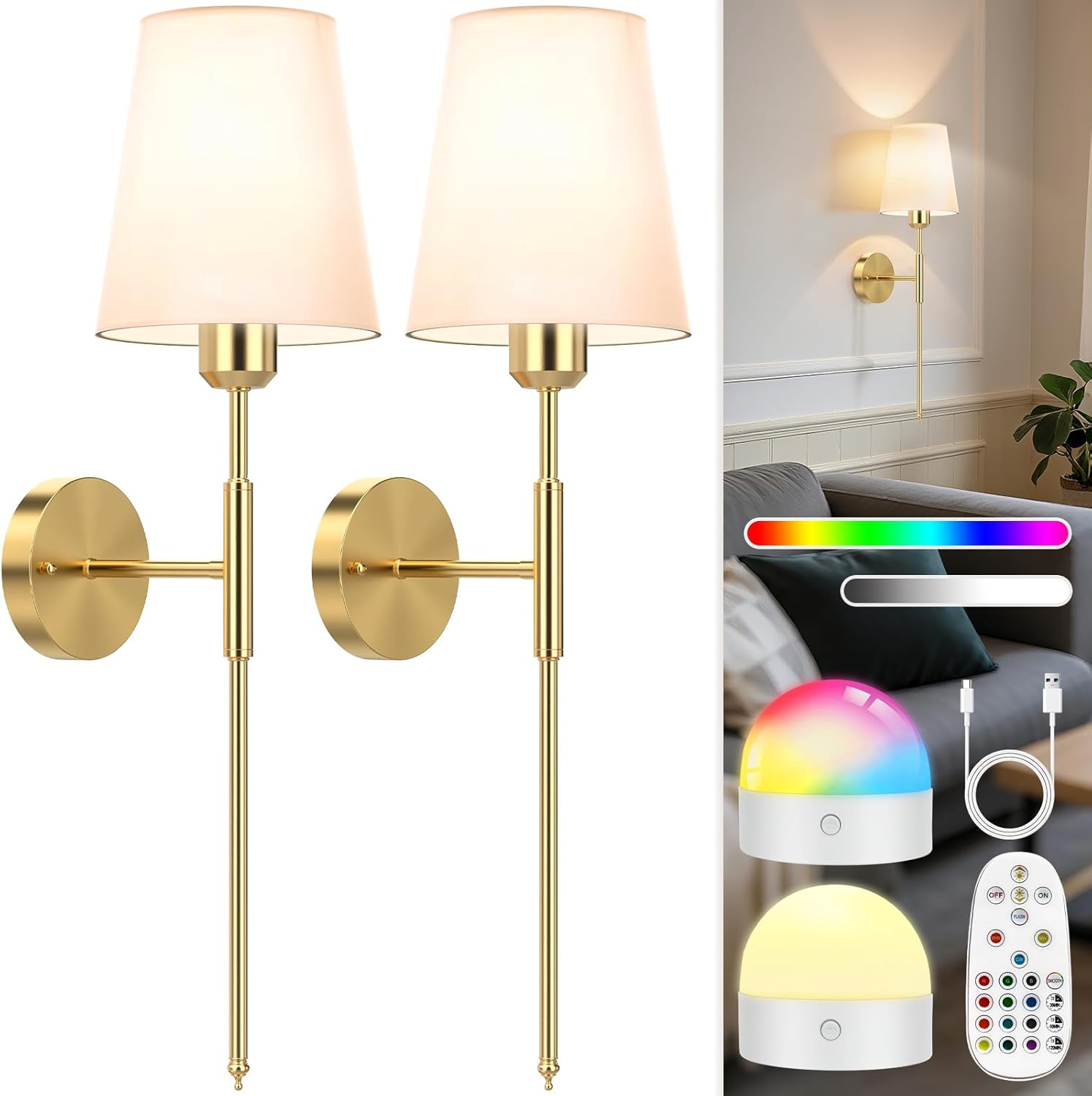 ECOHOM 25.6 inch Battery Operated Wall Sconces Set of 2, Wireless Wall Lights with Rechargeable