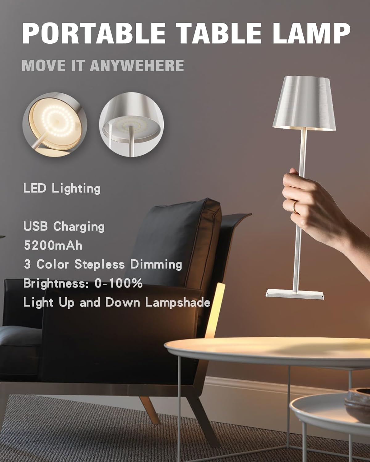 Nerefou Cordless Table Lamp features a powerful 5200mAh battery - Silver