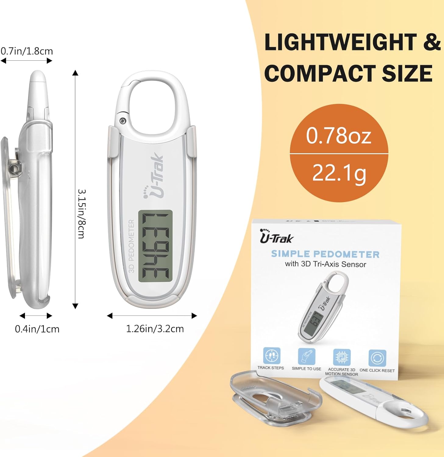 U-Trak Store 3D pedometer offers precise step tracking with an advanced motion sensor