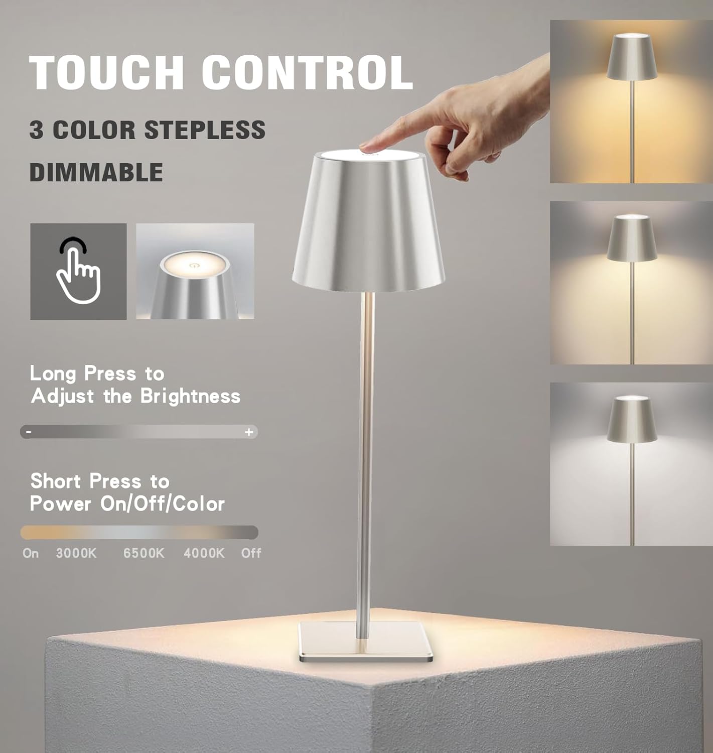 Nerefou Cordless Table Lamp features a powerful 5200mAh battery - Silver