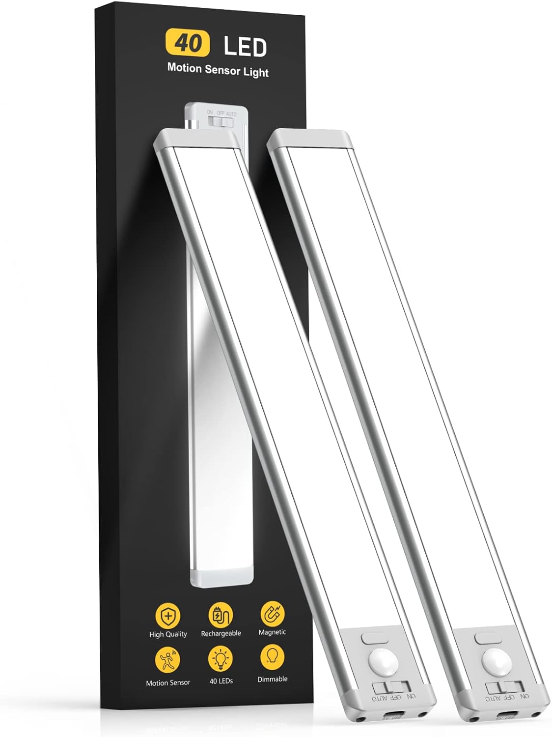 2-pack of 10-inch rechargeable under cabinet lights featuring advanced motion sensors.