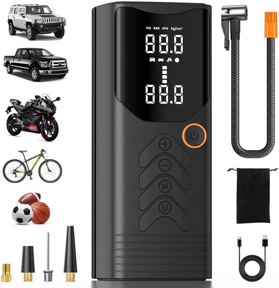 Tire Inflator Portable Air Compressor, Portable Tire Inflator for Car, with LED Light, 15000 mAh Air Compressor for Trucks, SUVs, Motorcycle & Bike, Basketball, Football