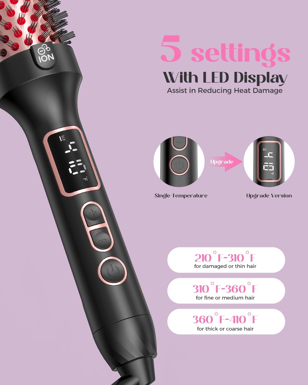 Infrared Bounce Brush, Heated Thermal Round Brush with 5 Heat Settings & LED Display, 1.5 Inch lonic for Hair Straightener & Curling Wand