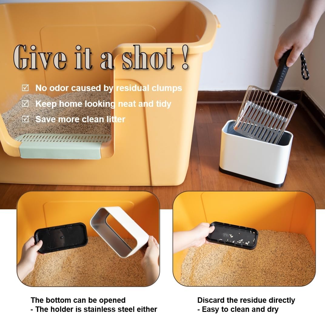 Epargnaro Stainless Steel Cat Litter Scoop with Holder - Heavy Duty Metal Scooper & Trash Container