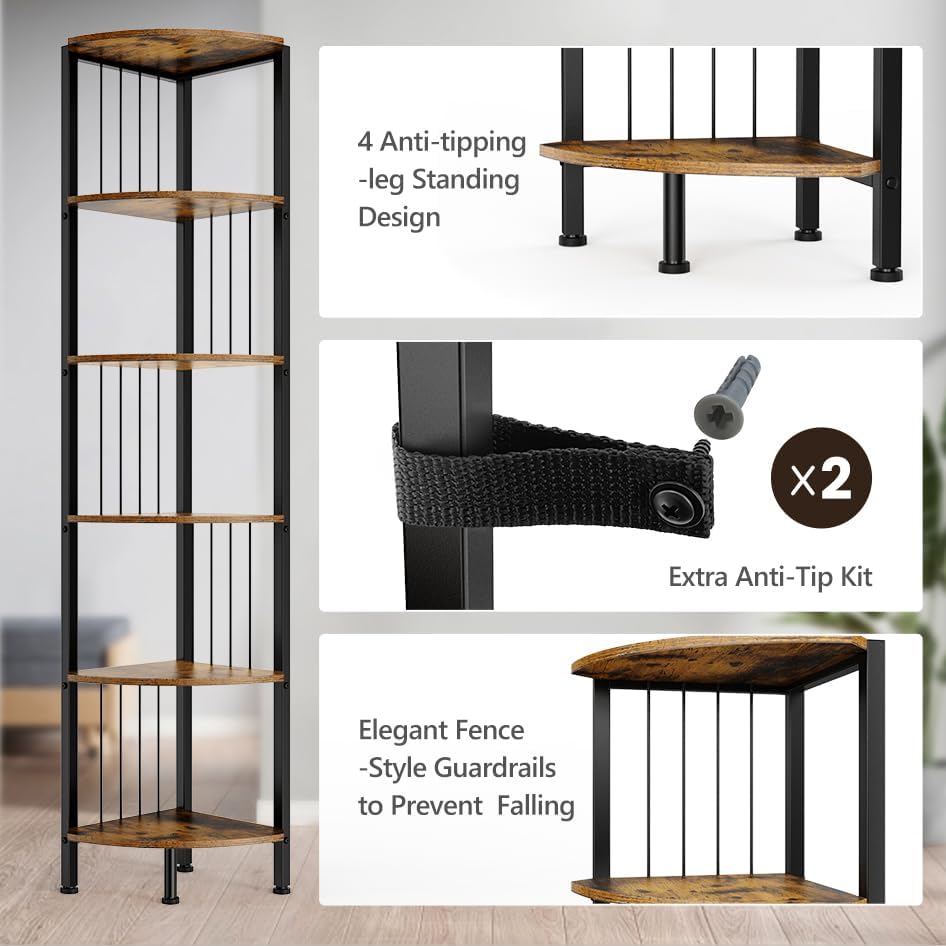 MonaSixy 6 Tier Corner Shelf with Light, Brown