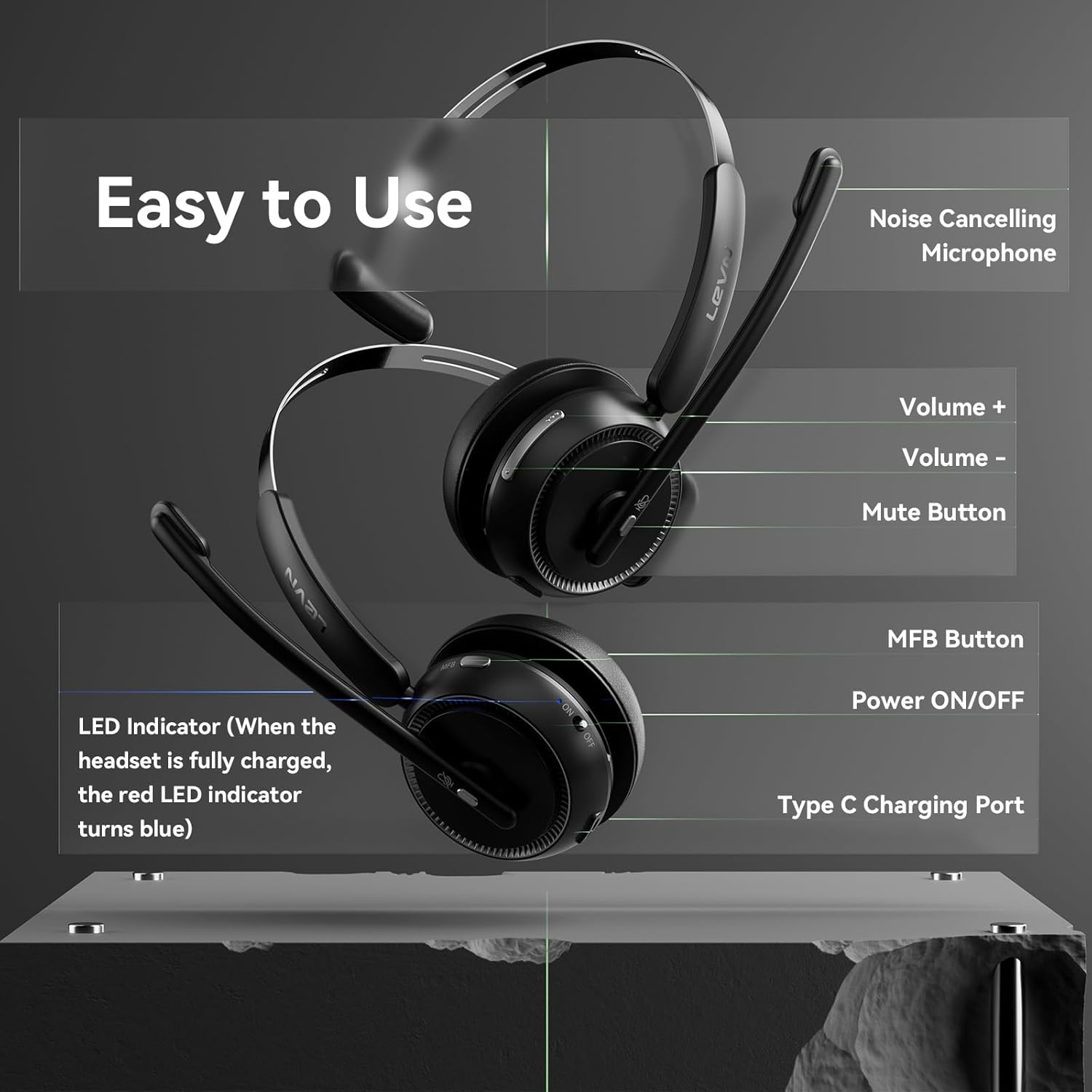 LEVN Wireless Headset with Microphone & Mute Button CT002
