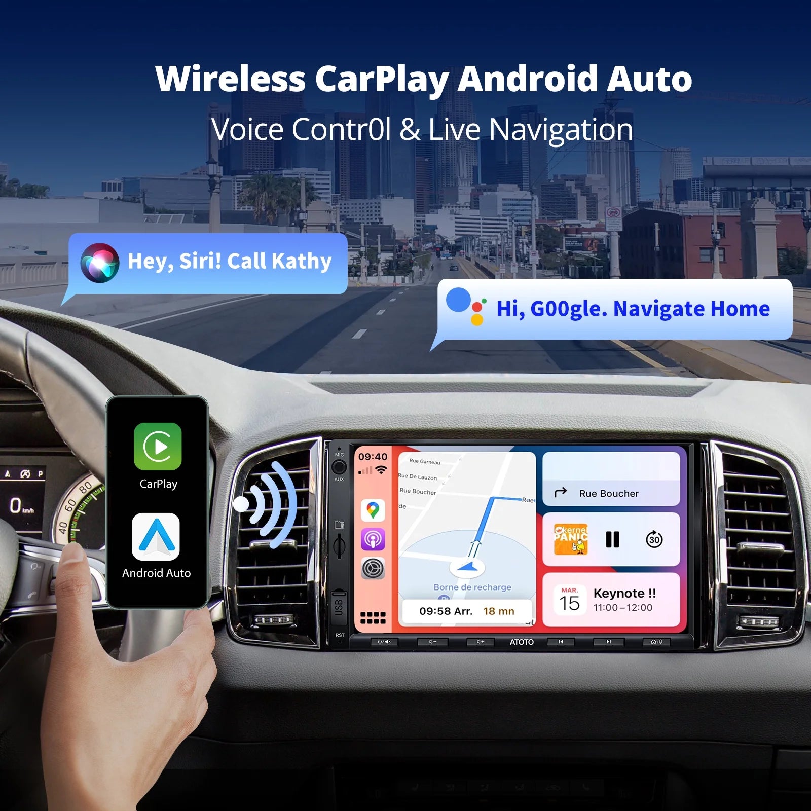 ATOTO Double Din Car Stereo. This advanced 7-inch F7WE model features wireless connectivity for Apple CarPlay and Android Auto