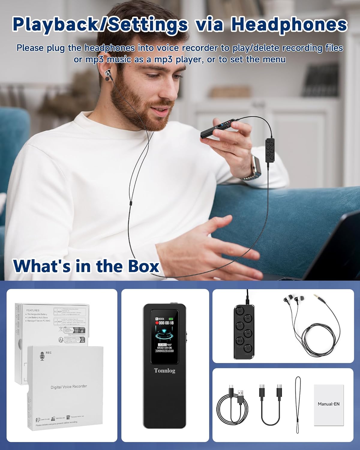 Tonnlog v73 1536Kbps Voice Activated Recorder with Playback,