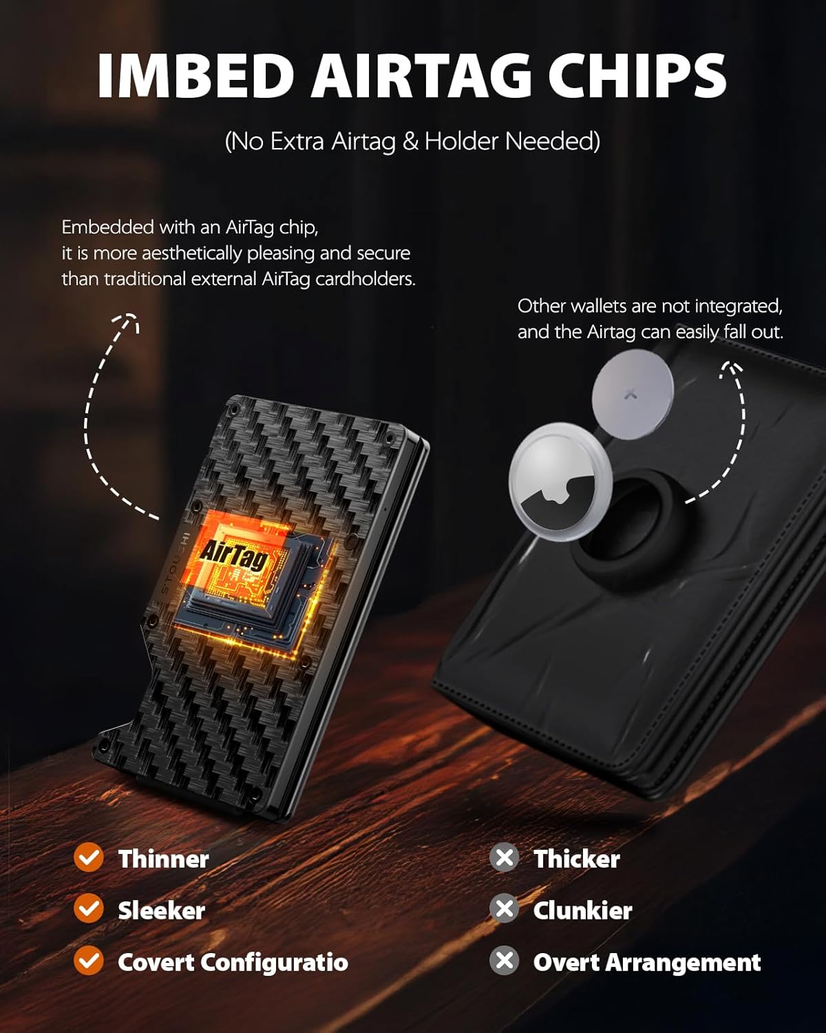 Stouchi Find My Wallet for Men Built-in AirTag Chip (iOS Only) Slim Smart
