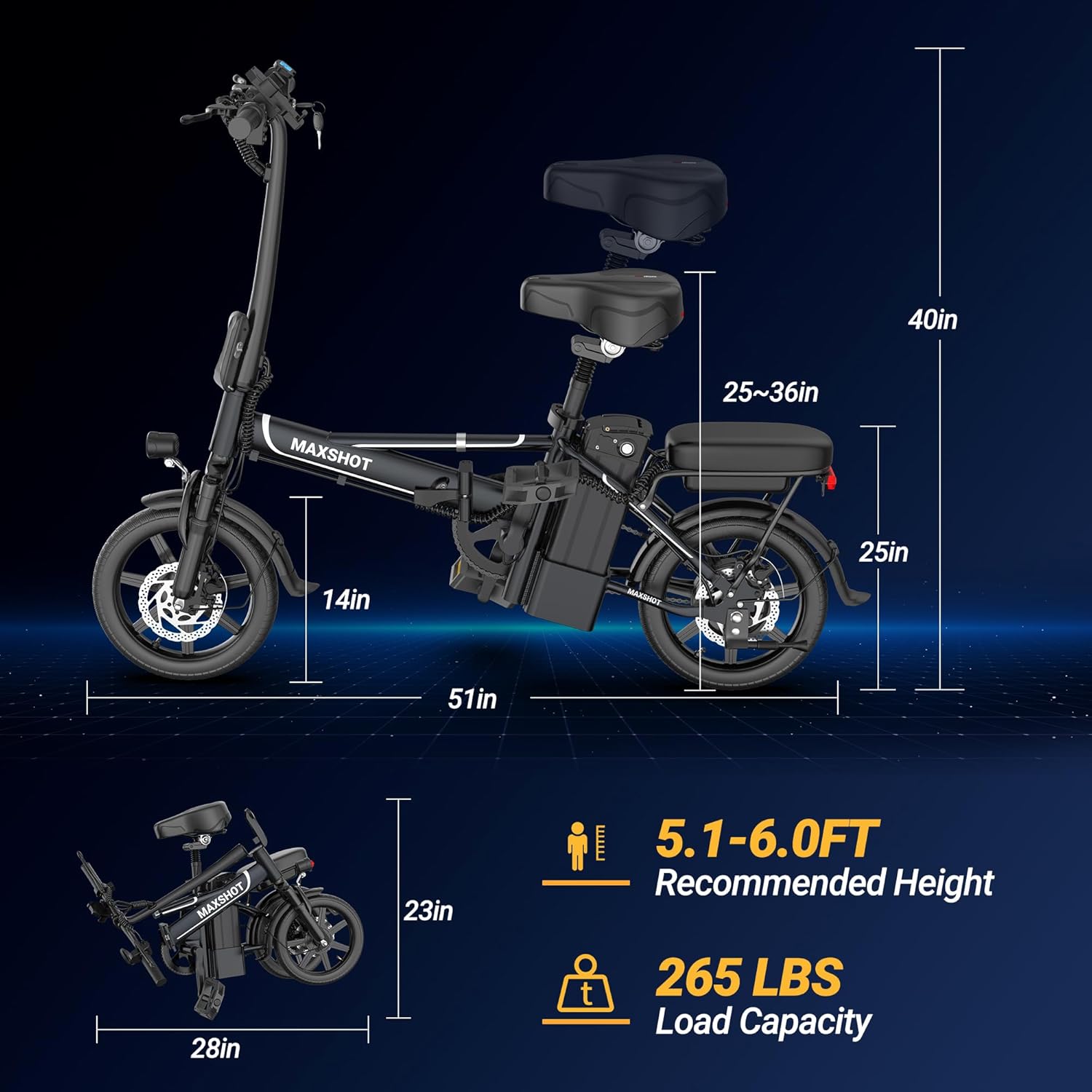 MAXSHOT Electric Bike for Adults, 14'' Adults Electric Bicycles, Peak 500W Folding Ebike