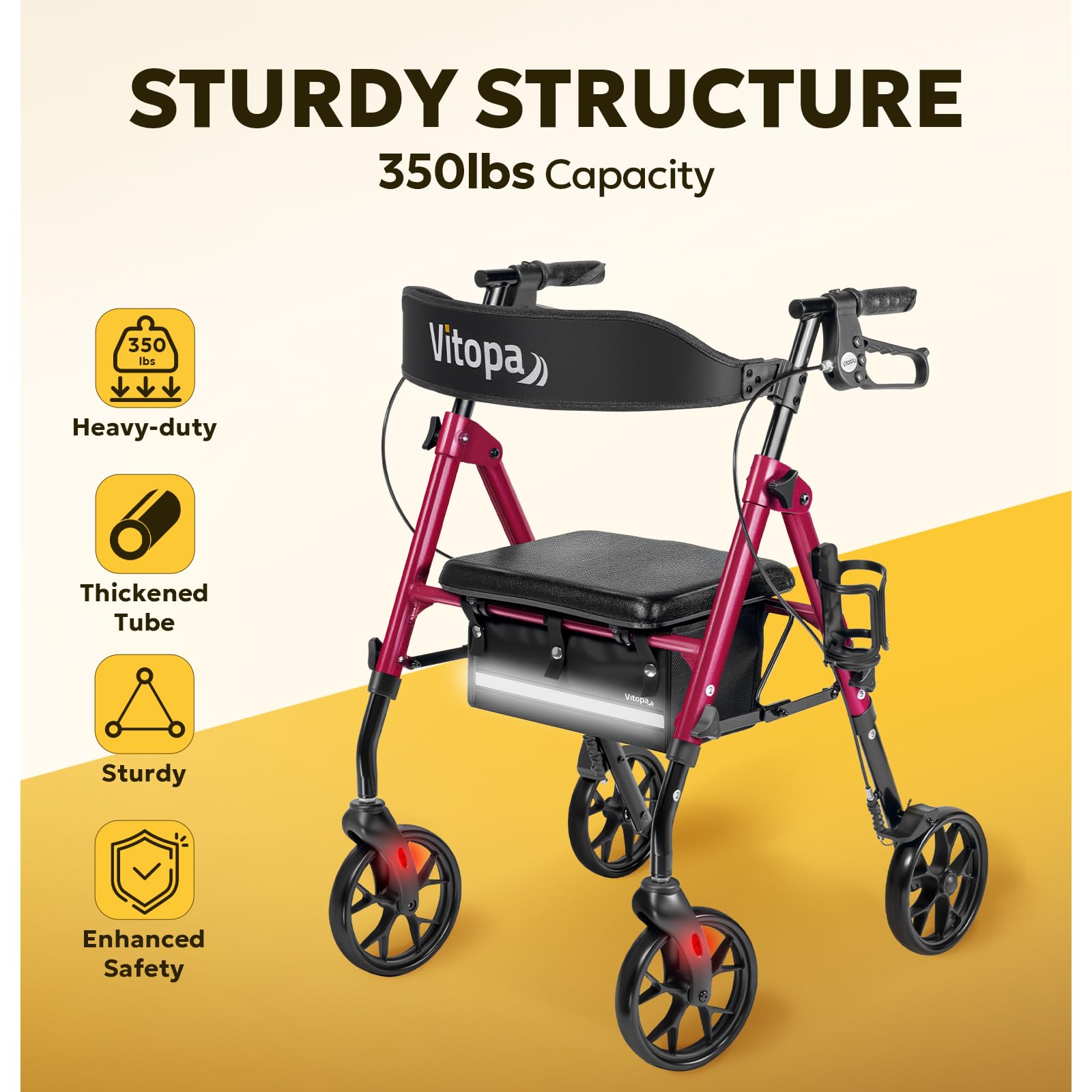 Vitopa Rollator Walker w/ Seat 350lb 8in Wheel Foldable