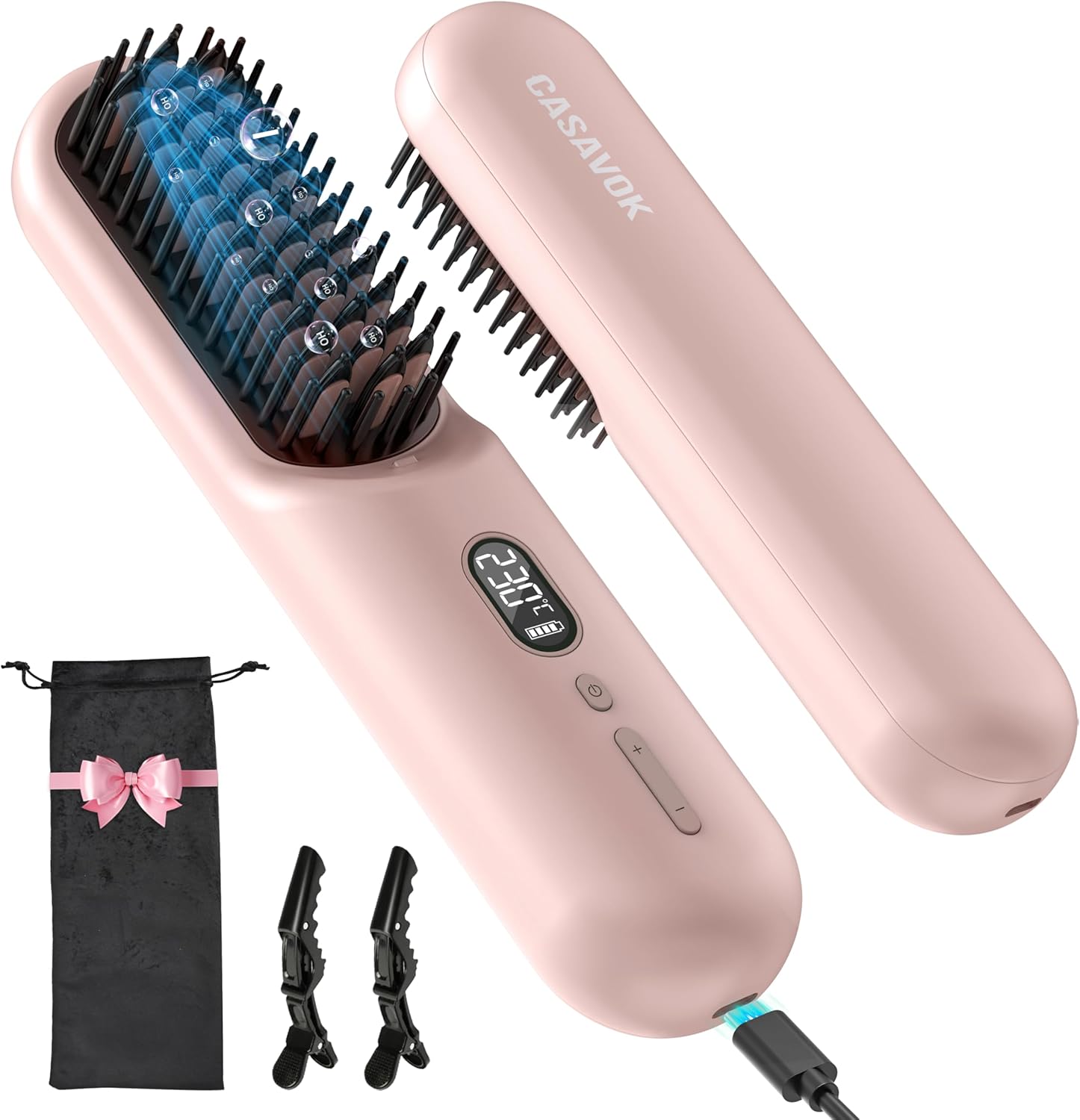 Casavok Portable Cordless Hair Straightener Brush for Travel,Mini Hair Straightener Comb