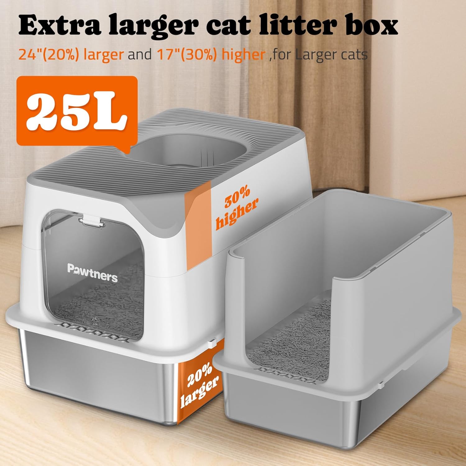 Pawtners Stainless Steel Cat Litter Box, XL Extra Large Kitty Litter Pan - WEhite Grey with Cushion