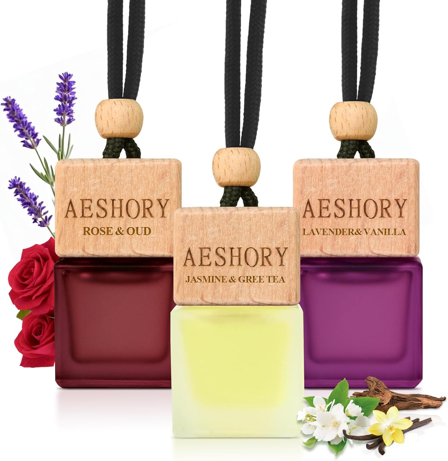 Aeshory Car Air Freshener Hanging 3-Pack – Floral Car Freshener - Lavender& Vanilla,Rose & Oud,Jasmine & Gree Tea Scents