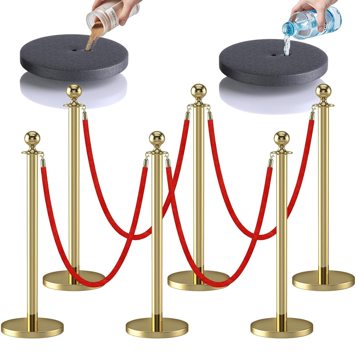 6Pcs Stanchions Posts with Red Velvet Ropes Set