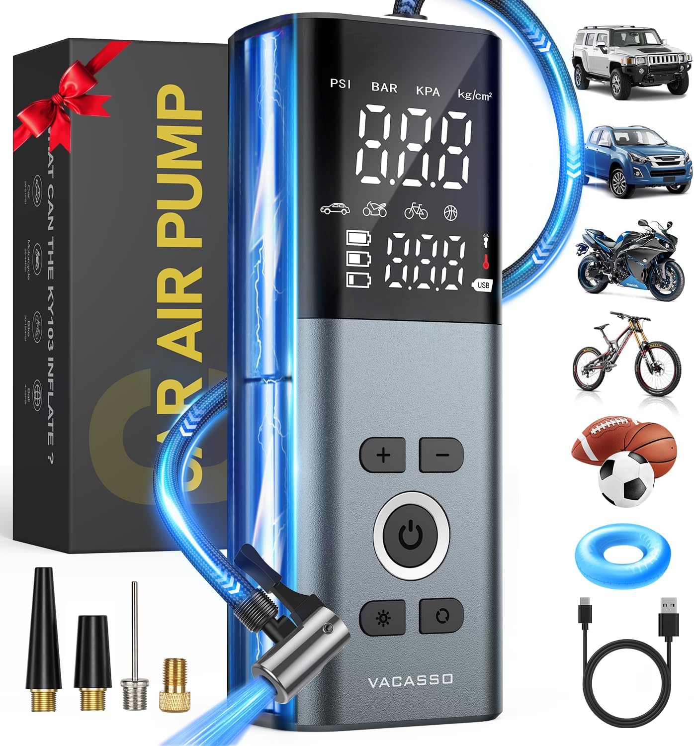 Vacasso Tire Inflator Portable Air Compressor, 150PSI Air Pump For Car Tires with Accurate Tire Pressure Gauge, 20,000mAh Cordless Air Compressor